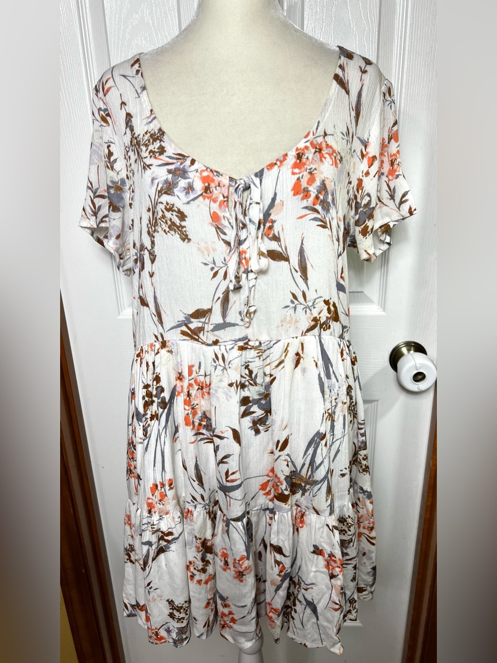 Boho Tunic Dress Blouse Mini Dress Cottagecore Prairie Floral White/Orange M
